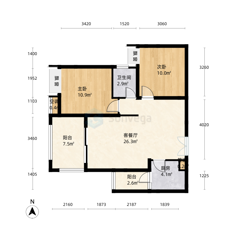 2室2厅1卫1厨860㎡户型图