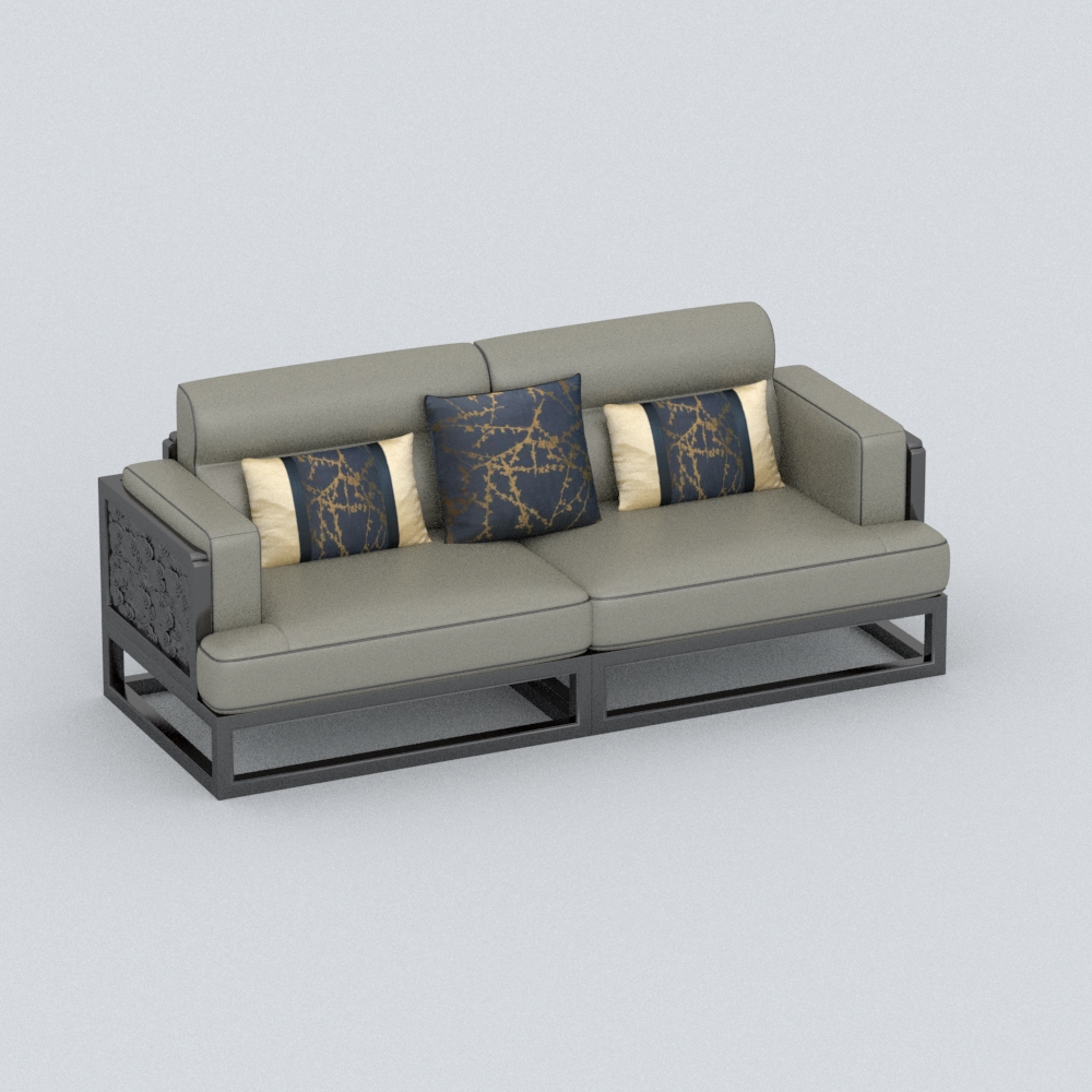 新中式实木双人沙发模型素材- 绿色双人沙发实木新中式模型-三维家