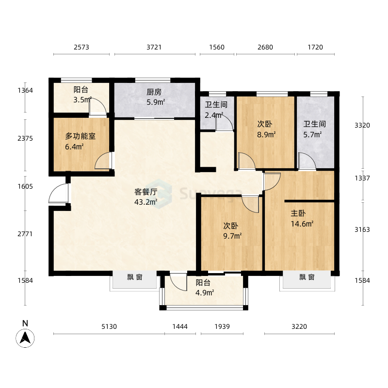 3室2厅2卫1厨126.0㎡户型图