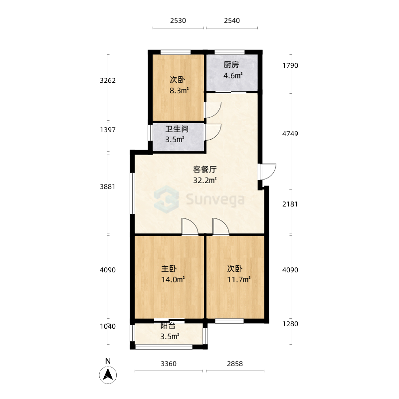 3室2厅1卫1厨108.0㎡户型图