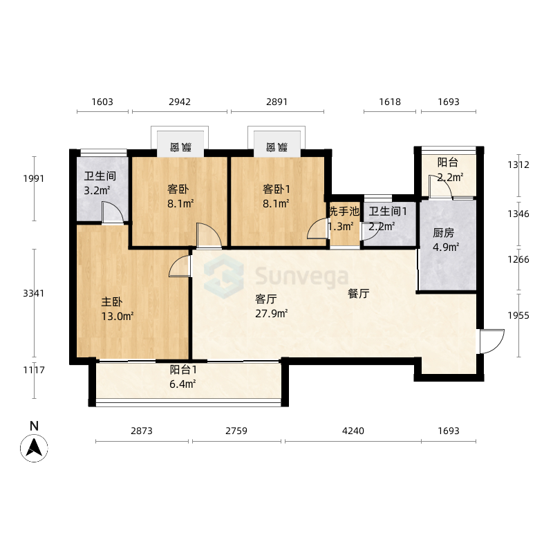 70m四川省 / 广安市 名门公馆 3室2厅2卫1厨 | 109.