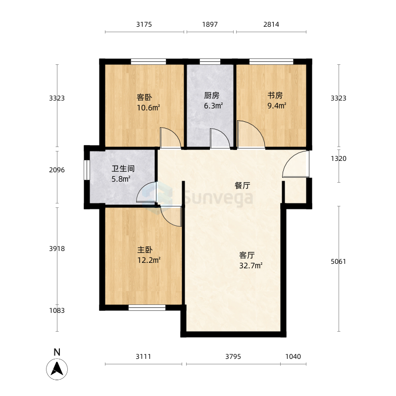 3室2厅1卫1厨107.36㎡户型图