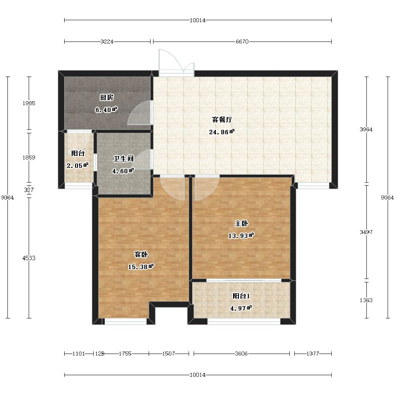 2室1厅1卫1厨76.0㎡户型图