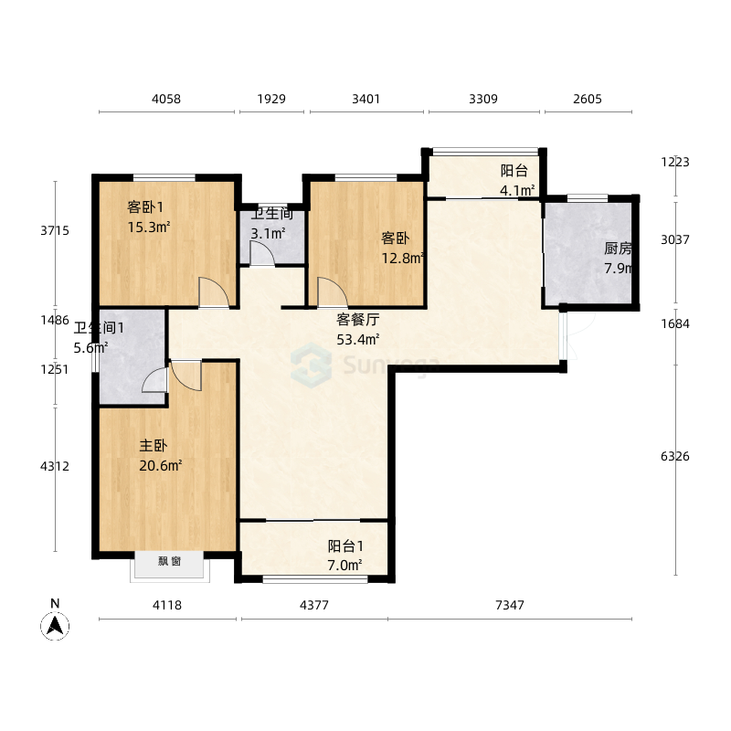 3室2厅2卫1厨125.00㎡户型图