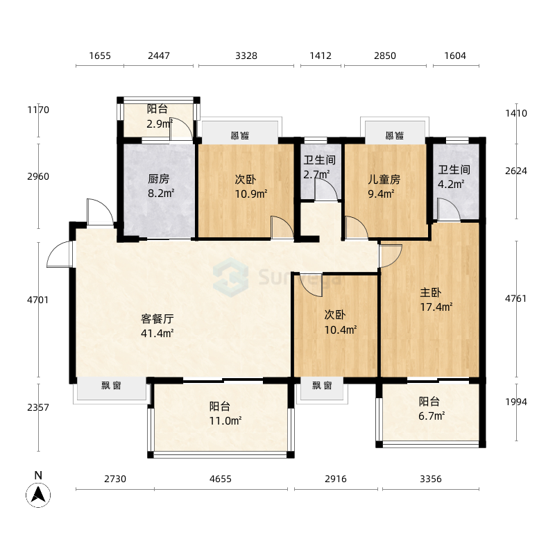 3室1厅2卫1厨150.0㎡户型图