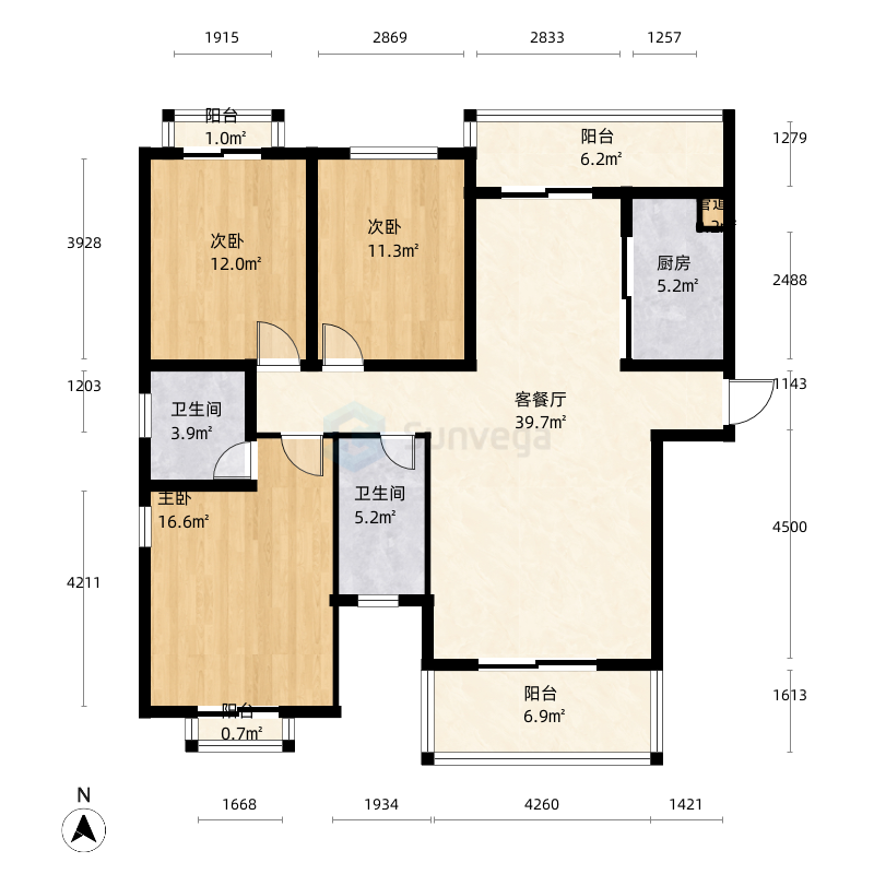 3室2厅2卫1厨136.0㎡户型图户型图-三维家户型库