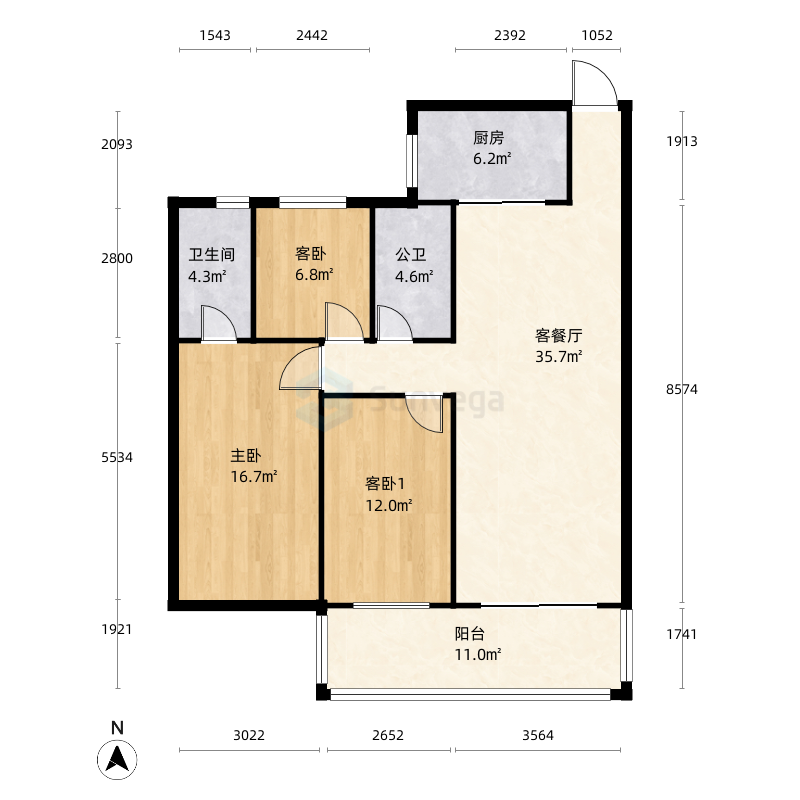 3室2厅1卫1厨103.00㎡户型图