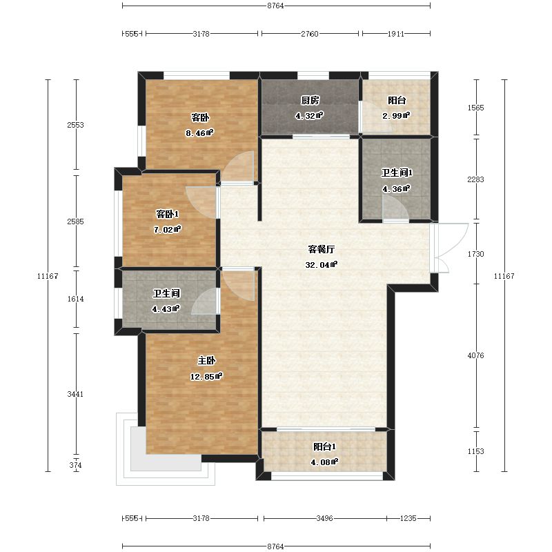 3室2厅2卫1厨130.00㎡户型图
