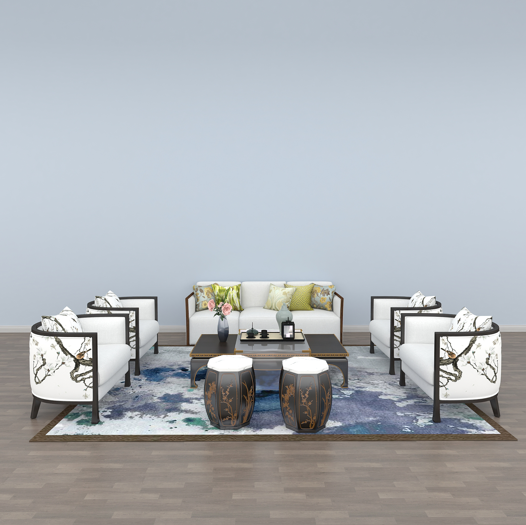 新中式沙发组合模型素材-新中式客厅组合模型-三维家模型素材库