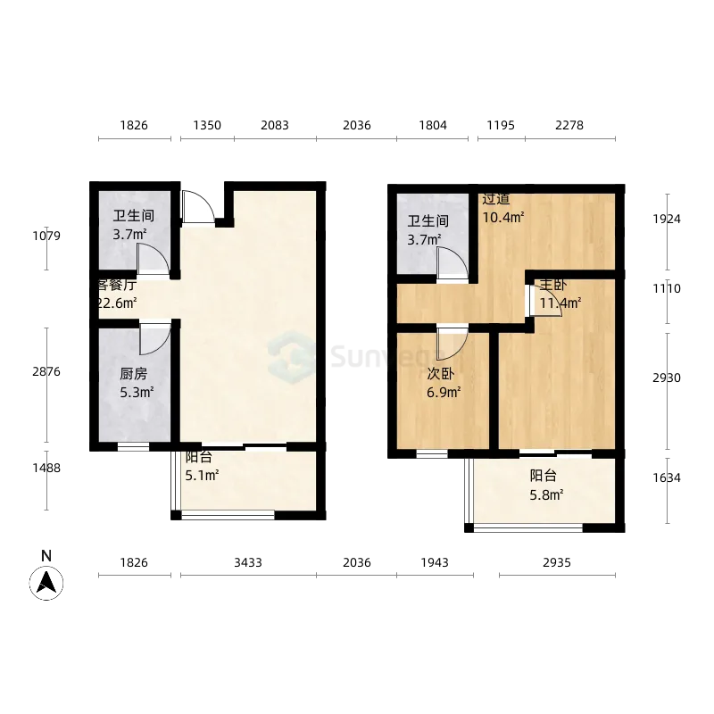 上海上海市西南名苑_2室2厅2卫1厨_109㎡户型图