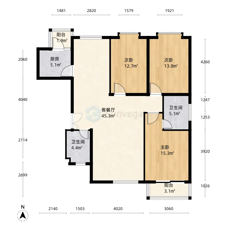 北京北京市泰华滨河苑_3室1厅2卫1厨_149㎡户型图